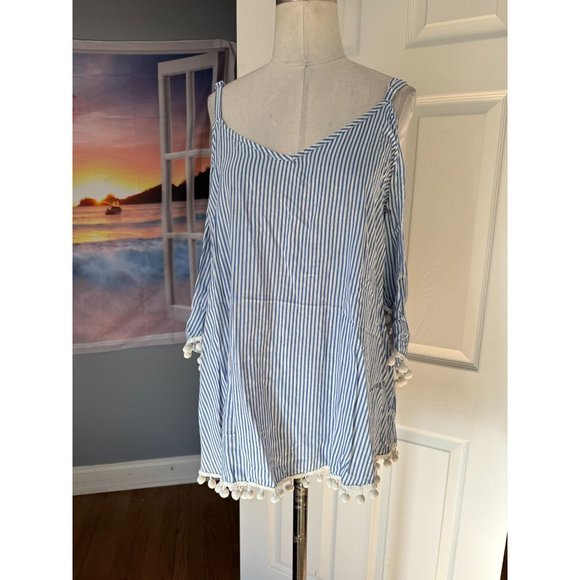 Unique Spectrum blue and white striped cold shoulder with pom pom trim LG - Picture 1 of 5